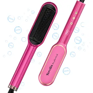 Terviiix Frizz Buster Ionic Hair Straightener Brush with MCH Heater - Rapid 450°F in 20S, Hair Straightener Comb for Efficient One-Pass, Anti-Scald, 13 Heat Settings Adjustable, Dual Voltage, Pink