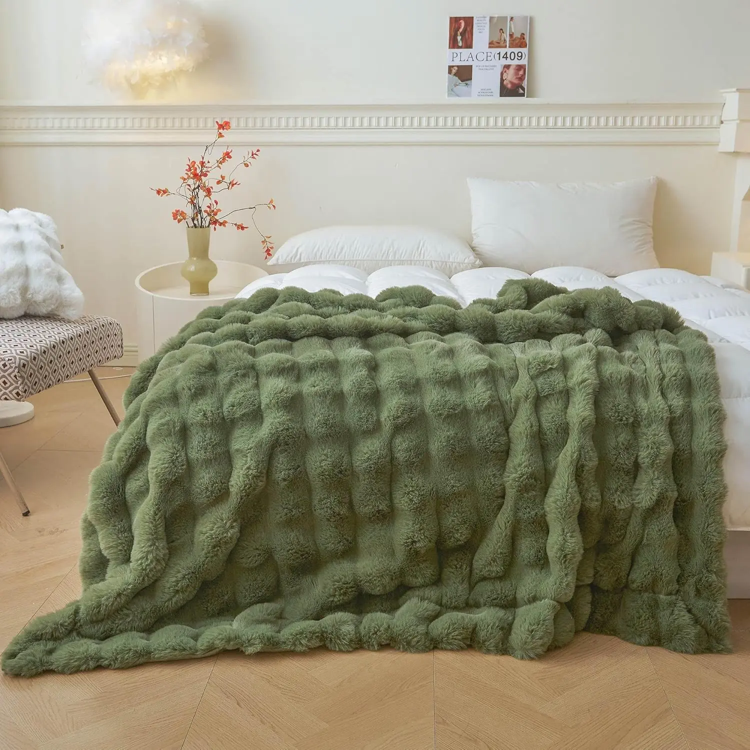 Fluffy Faux   Bubble Throw, Plush Shaggy Blanket for Couch Sofa Chair, Soft Cute Moss Furry Blanket Adults  Teens Girls, Fuzzy Throw for Bedroom Living Room, 50x60, Sage Green