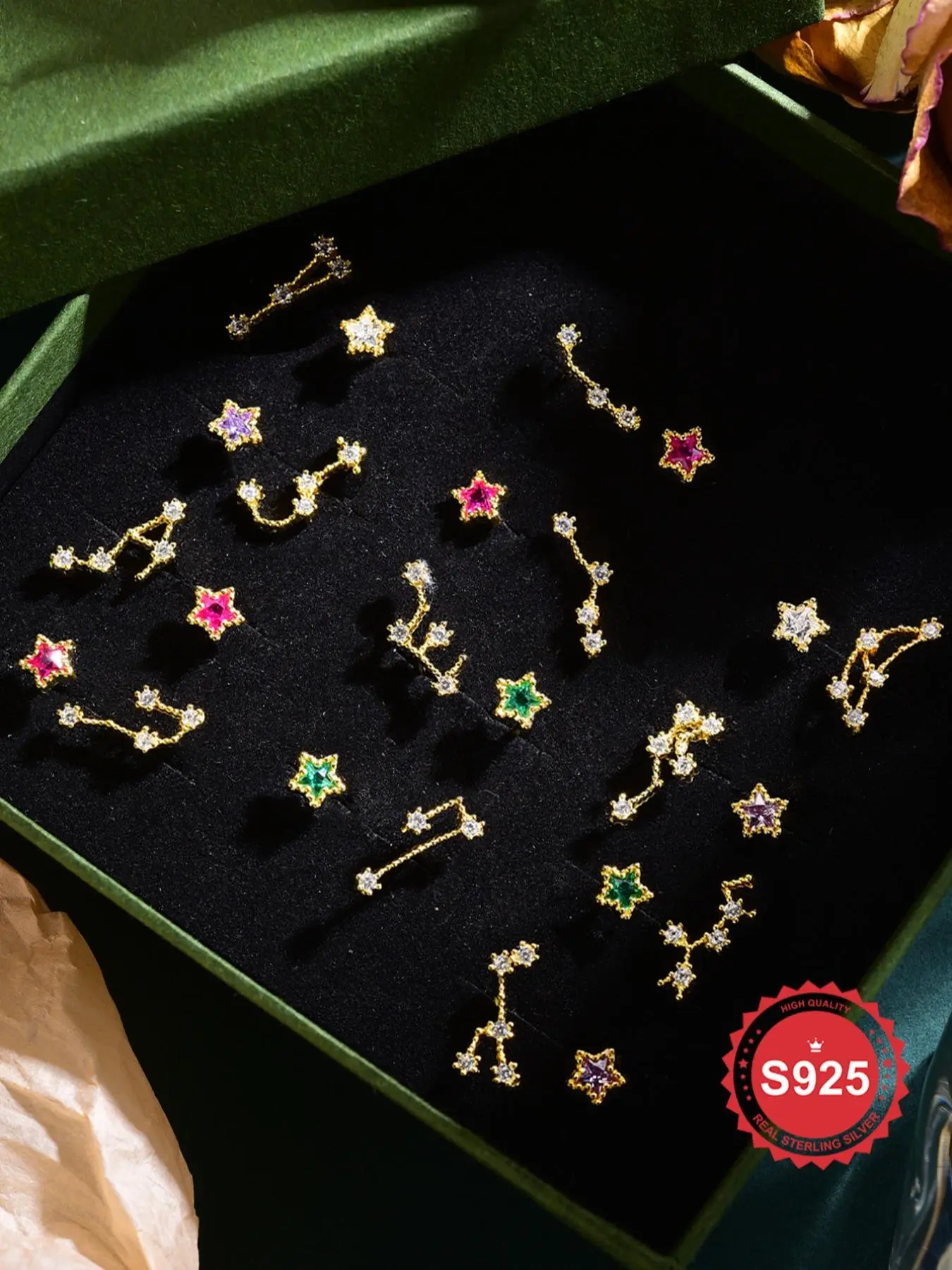 925 Sterling Silver Fashion Star & Twelve Constellation Design Stud Earrings, Asymmetric Earrings, Shining Earrings, Pretty Studs, Alt Earrings, Jewelry for Party, Daily Decor, Trendy All-match & Exquisite Jewelry for Birthday Gift