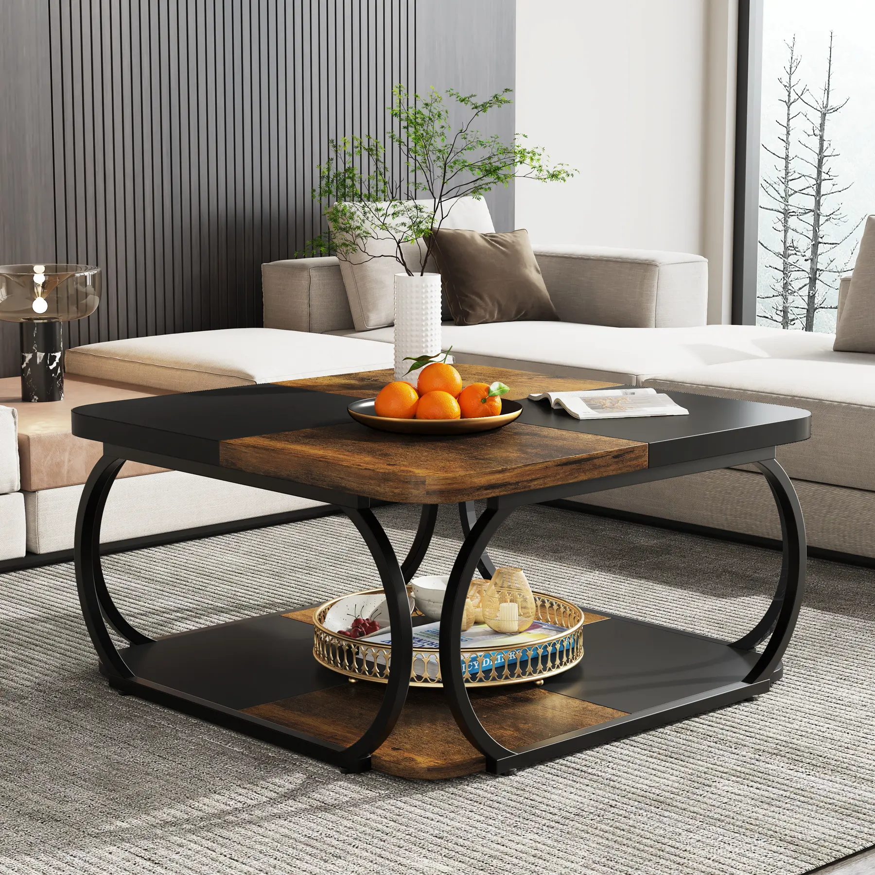 LITTLE TREE Square Coffee Table with 2 Tiers, 40 inches Low Farmhouse Coffee Table with Wood Storage Shelf Heavy Duty Metal Curved Frame for Modern Living Room, Black Rustic Brown