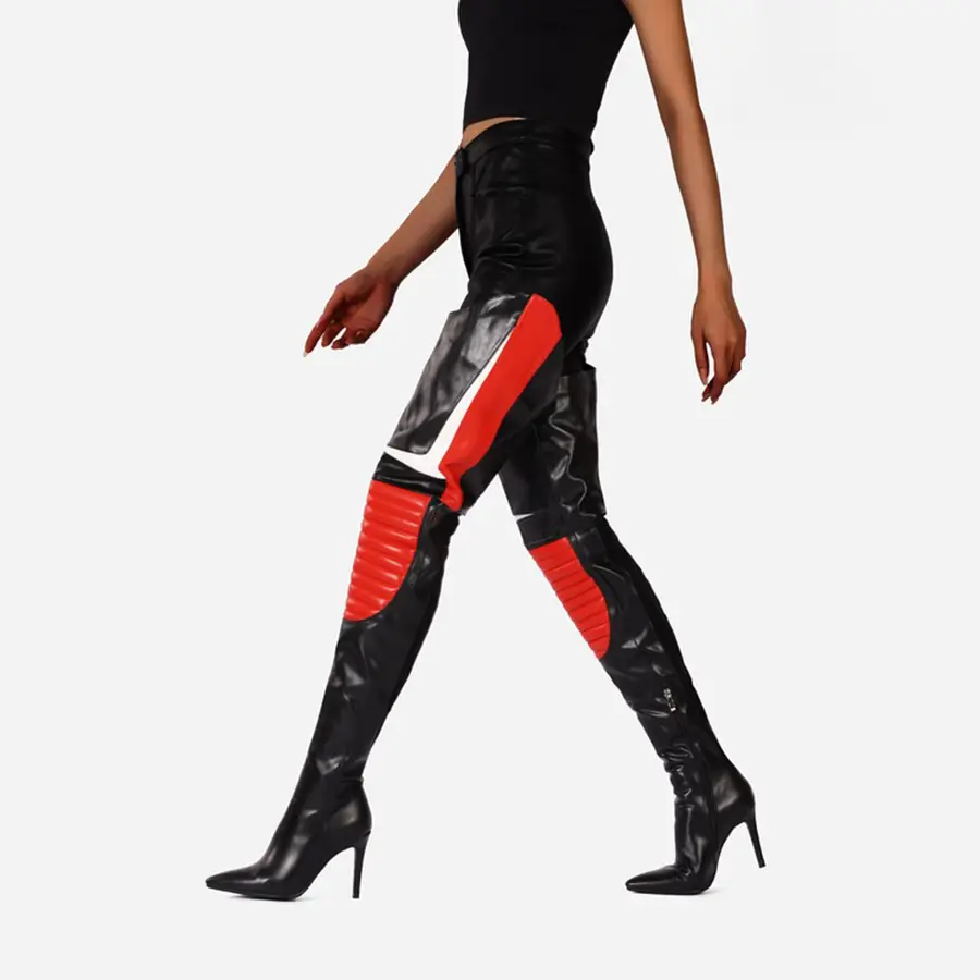 FEINLINA Women's Colorblock Knee-High Boots, PU Leather Stiletto High Heels with a Fashion Pointed Toe and Zipper Closure