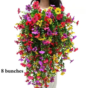8Silk Chrysanthemum with Eucalyptus Leaves, Artificial Hanging Flowers Plants, for Outdoor Autumn Decoration, UV Resistant, Realistic Appearance, Long Drooping Vines, Suitable for Outdoor & Indoor Planters, Porch, Balcony, Yard Decoration