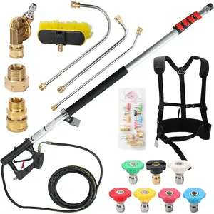 24-FT Pressure-Washer Telescoping Wand with Pressure Washer Extension Wand, Brush Head, Gutter Cleaner Tool, 5 Spray Nozzle Tips, 2 Hose Adapters and Support Belt(Red)