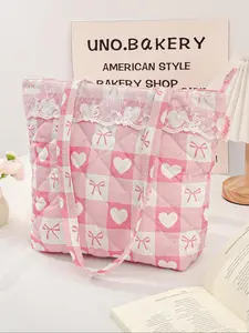 Lace Bow Decor Handbag, Fashionable Makeup Storage Bag, Makeup Organizer Cosmetic Bag, Women Travel Cosmetic Bag, Cute and Beautiful Floral Love Heart Cosmetic Bag