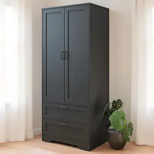 Wooden Freestanding Bedroom Wardrobe with 2 Doors 2 Drawers Hanging Rod for Clothes Easy Assembly Storage Organizing