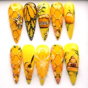 Honey Bee Stiletto Press On Nails 3D Honeycomb Nails Yellow Summer Gel Nails