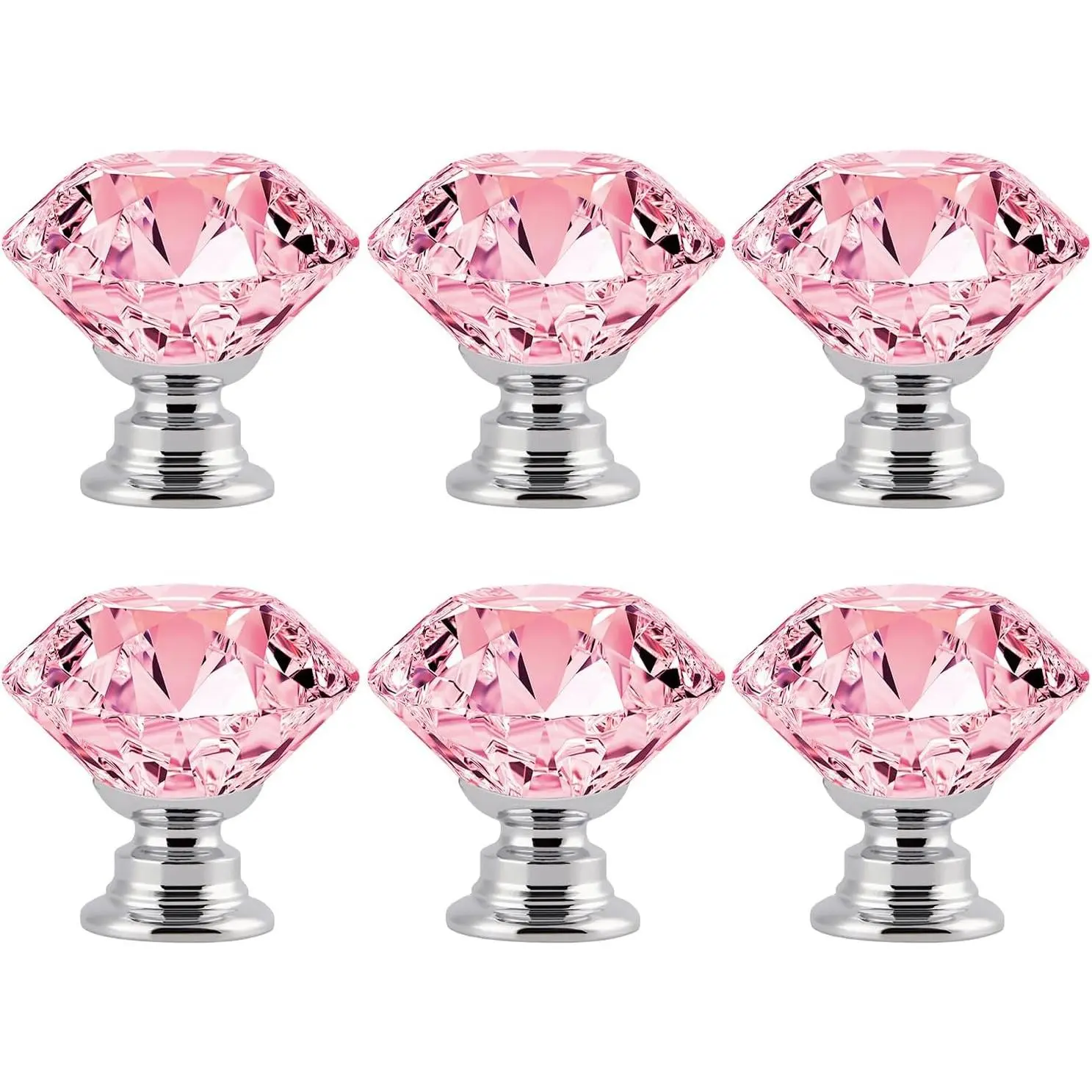 6-Pack Multi-Layer Crystal Glass Diamond Cabinet Knobs, Blush Pink 1.2 in Chrome Alloy Base, Modern Handles for Girls' Vanity Desks, Furniture Lids with 2-Size Screws
