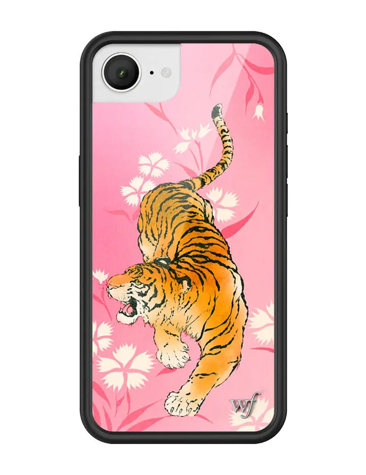 Tiger Blossom | Limited Edition Trendy Collab iPhone Case | Raised Protective Black Bumper | Women Owned Small Business | Vibrant Pink Background White Blossoms Roaring Tiger | Safety Casing Protective | Gift for Her