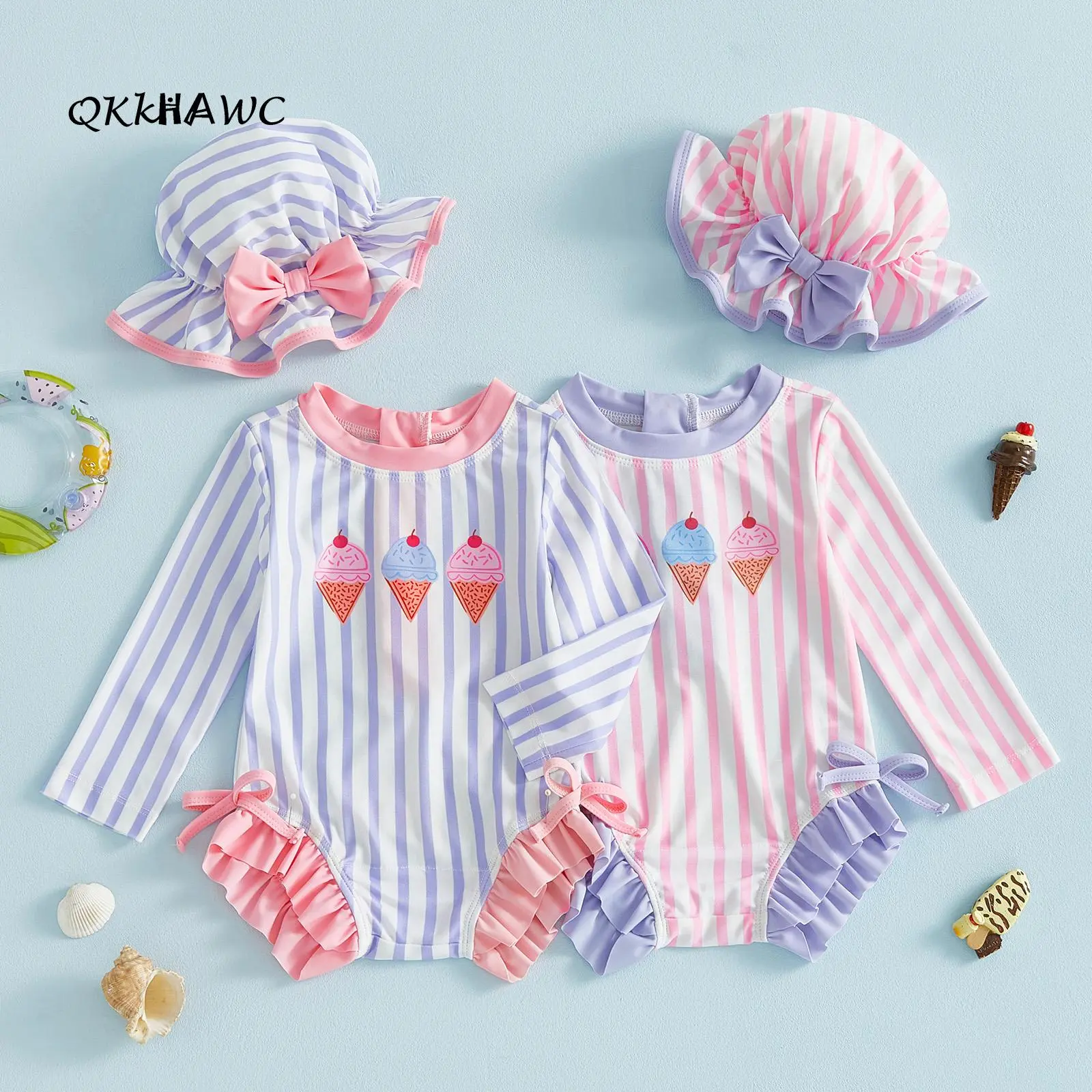 Sweet and cute ice cream printed anti rash swimsuit set for young girls, long sleeved striped  swimsuit with bow sun hat, UPF 50+UV swimsuit suitable for beach swimming pools