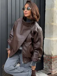 Fashion Oversized Asymmetrical Zip Motorcycle Jacket, Coats, Women's Black Faux Leather Long-Sleeve Casual Street Style Outerwear, New 2026 Spring and Autumn Jacket