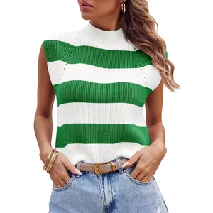 Womens Striped Sweater Vest Sleeveless Mock Neck Cap Sleeve Ribbed Knit Summer Crop Top Casual Womenswear