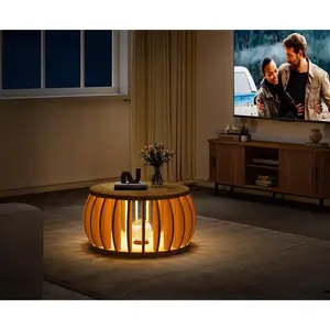 Drum Coffee Table with Storage,31.5" Wood Round Coffee Table,Farmhouse Pumpkin-Shaped Center Table for Living Room Home Office Natural