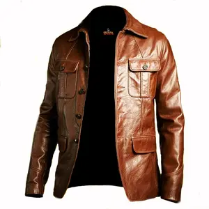 Deckra Men's Stylish Genuine Cowhide Leather Blazer Jacket - Longsleeves Brown Winter Menswear Top with Buttons, Pockets, Polyester Accents