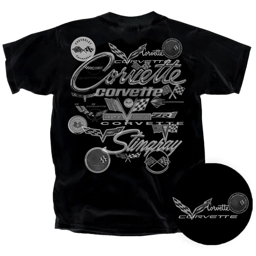 Corvette Emblem Blend Black T Shirt, Sports Car Logo Graphic Tee, Classic Automotive Style Top, Streetwear, Gift For Men Women, Casual Everyday Wear