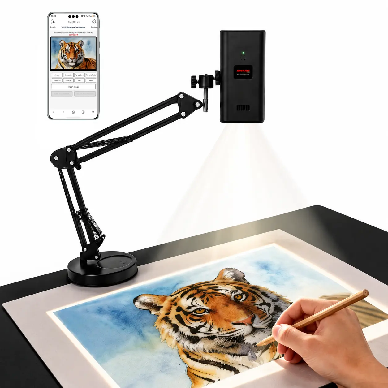 Beginner-Friendly Digital Art Projector for Drawing & Tracing - Phone-Compatible, Mechanical Wireless Connection, 360° Adjustable Arm, Stable Stand, Angle Lock for Artists, Cookie Decorating