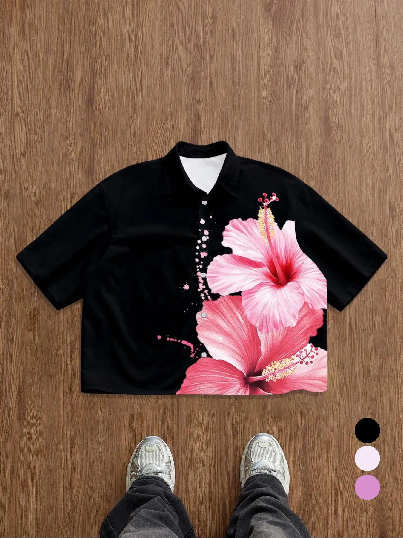 Men's Short Sleeve Shirt with Floral Lotus Flower Print, Button Front Collar Design, Regular Fit Summer Classic Style Tropical Casual Wear, Menswear, Fitted