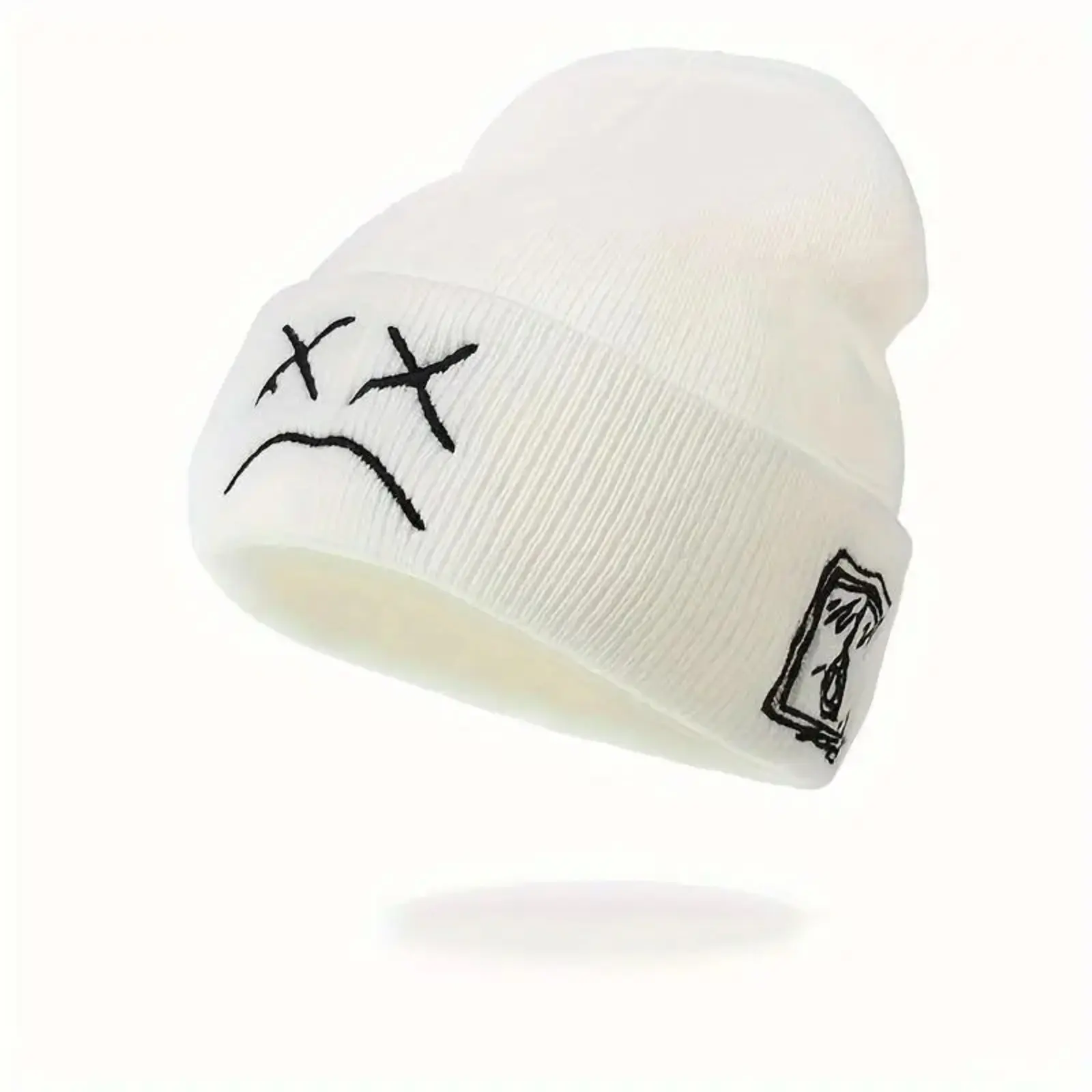 Cuffed Knit Beanie Cap with Sad Face Embroidery, Unisex Hip Hop Style Winter Hat, Warm & Comfortable for Cold Weather, Beanies, Cozy Beanie, Graphic