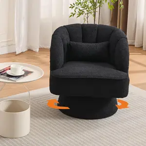 Modern 360° Swivel Barrel Accent Chair - Teddy Fabric Upholstered Armchair with Striped Backrest & Plush Padding for Living Room, Bedroom, Black Office