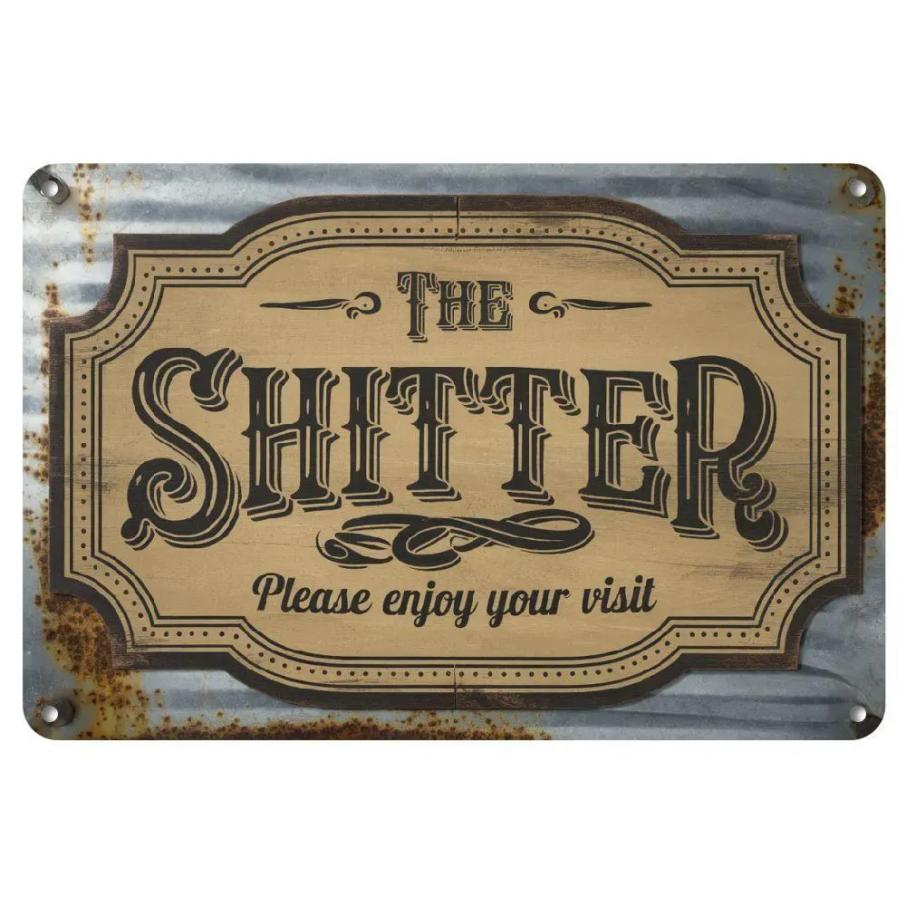 Rustic "The Shitter" Metal Wall Sign - 8x12 Inches, Vintage Rusted Design with Ornate Swirls & Decorative Borders, Perfect for Home, Garden, or Bar Decor, Metal Wall Art Decor