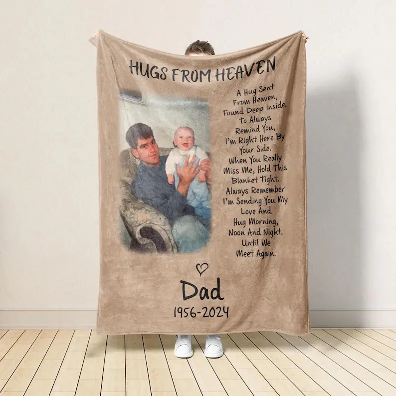 Personalized Dad Memorial Blanket with Photo - Custom Hugs from Heaven Sympathy Gift for Loss of Father - Remembrance Photo Throw Blanket - Bereavement & Condolence Gift for Family Summervibes