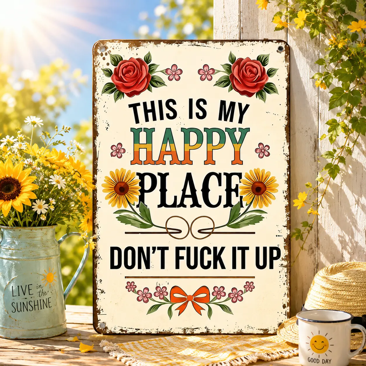 This Is My Happy Place Dont F*ck It up Metal Sign, 12/8 inch Funny Metal Sign Retro Vintage Aluminum Tin Plaque for Outdoor Garden, Patio & Home Wall Decor Humorous Housewarming Gift for Office Bar