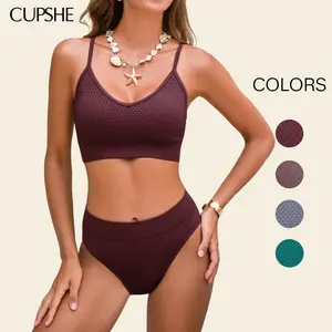 CUPSHE TikTokShopSpringGlowUp Cocoa Hour Brown Bikini Set Adjustable Straps Mid-Rise Swimsuit with Tummy Smoothing Classic Coverage