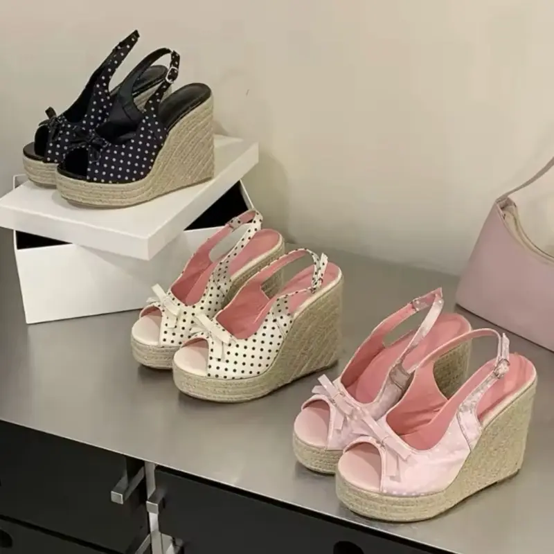 Polka Dot Sandal Wedges - Stylish Espadrille Heels for Women, Available in Black, White, and Pink