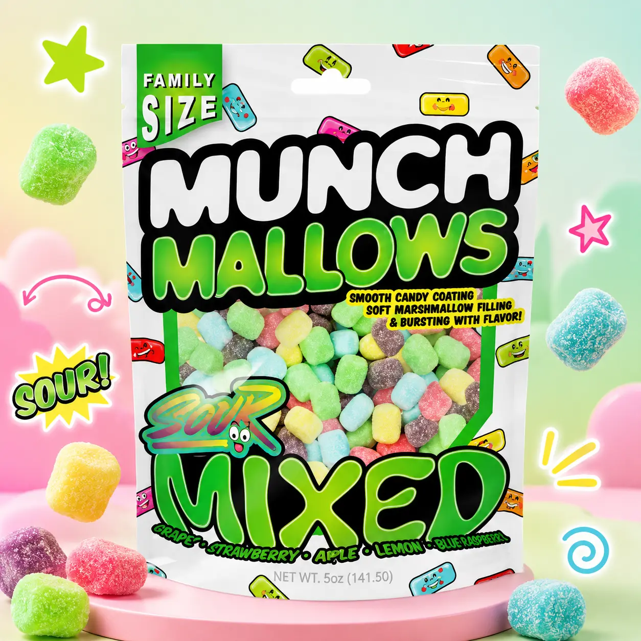 Viral Munch Mallows Sour sweet flavor Fruity Crunchy Marshmallow Mix Candy - Mixed Anxiety Relief Snack Kit 