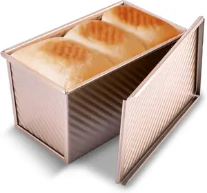 Gold Carbon Steel Non-Stick Pullman Loaf Pan with Lid, 1 lb Dough Capacity Corrugated Bread Toast Mold for Home Baking (Kitchenware Bakeware Bread & Loaf Tin)