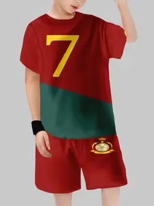 Children Portugal Team No 7 Football Set Soccer Jersey Summer Cronaldo Style Boys Short Sleeve Shorts Two-Piece Set, Casual Fitted Shorts, Football Kits