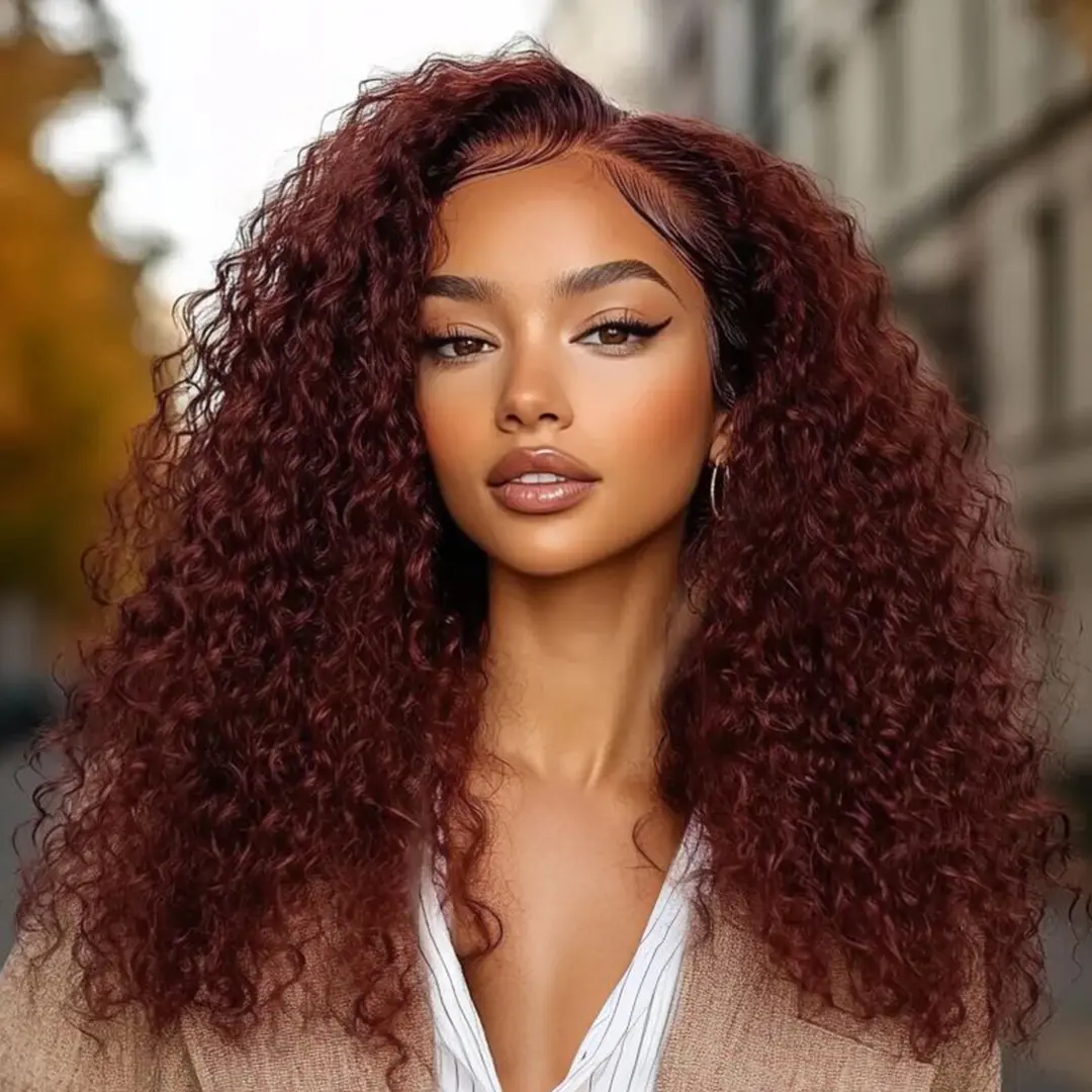 UNICE Reddish Brown Afro Jerry Curly Human Hair Wig, Glueless 7x5 Pre-Cut Lace Wig for Beginners, 180% Density with Pre-Bleached Knots and a Natural Hairline, Afro Curly Styles, Wigs Human Hair