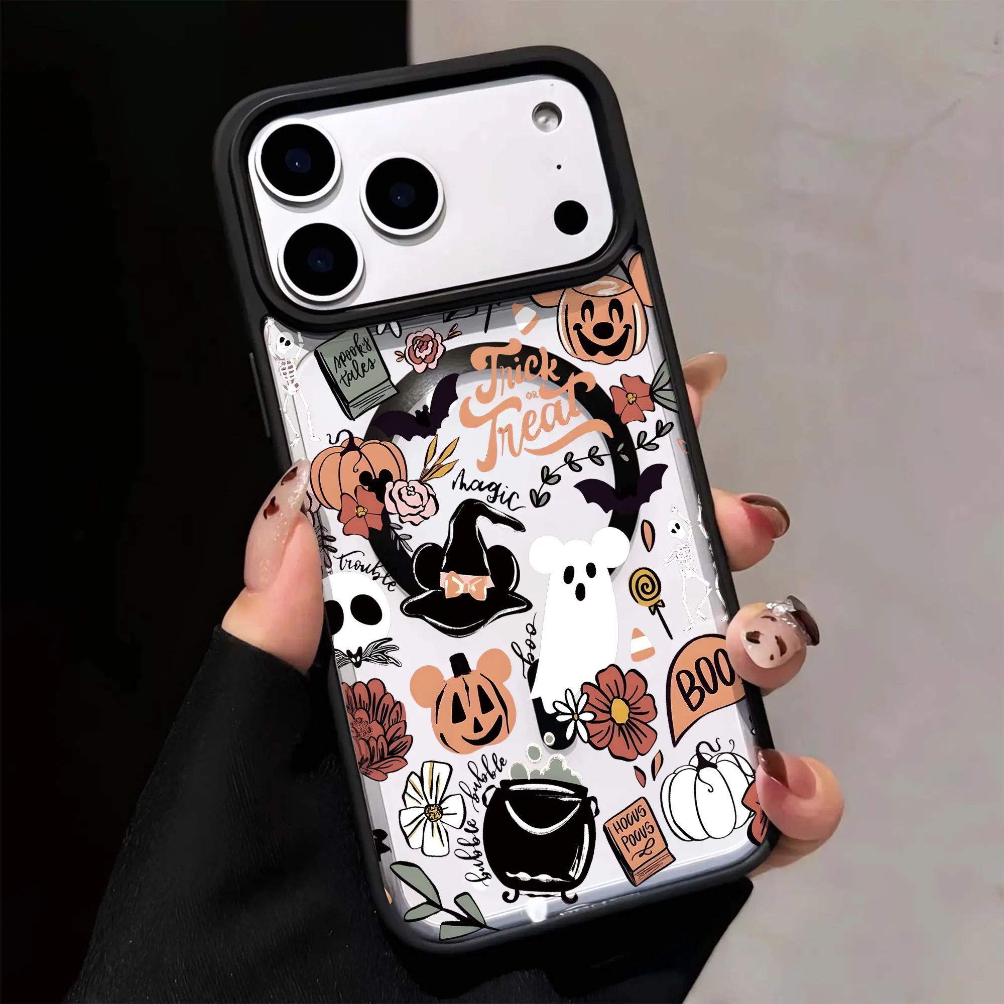 Sweet Spooky Halloween Phone Case With MagSafe Compatible | Trick or Treat Witch Pumpkin Pattern Clear Cover for iPhone 11-17 Pro Max HL