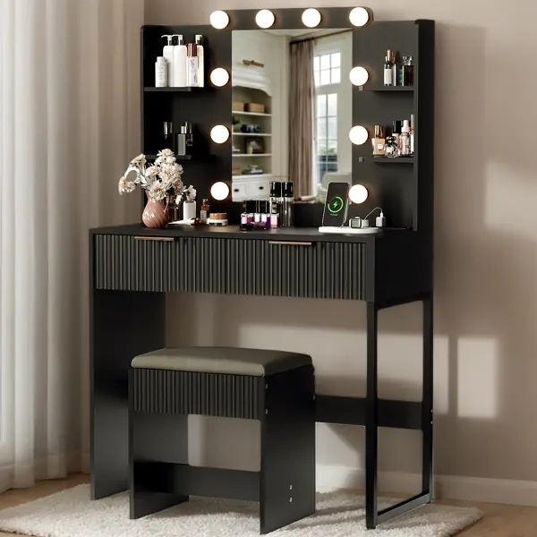 [Bellemave]Black particleboard with a melamine finish, 2 drawers, 4 shelves, a dressing table set with 10 three-tone light bulbs, a power strip, and a grille.
