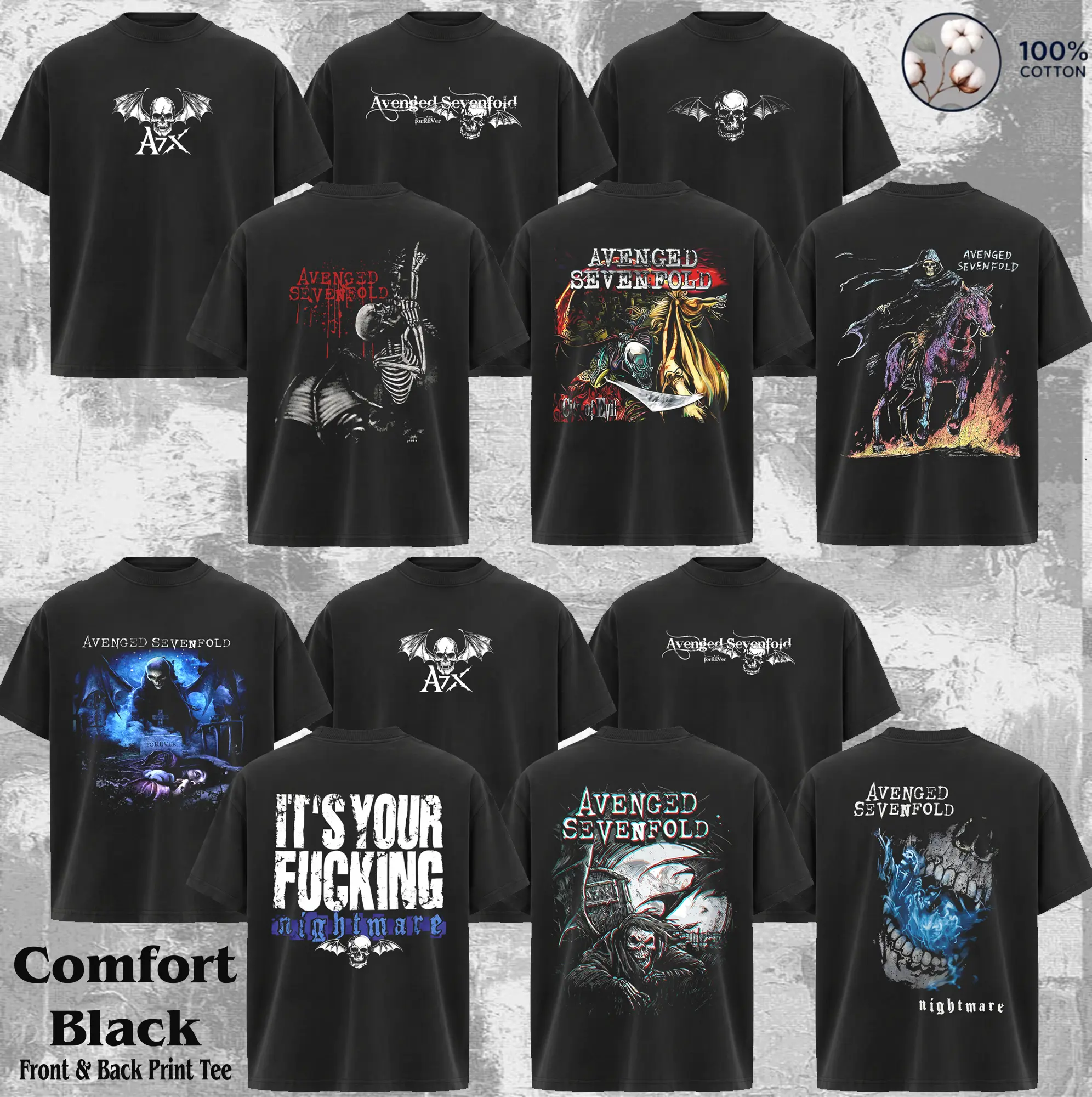 [Collection] Men's Vintage Avenged Sevenfold Graphic Print T-Shirt - Black, Round Neck, Short-Sleeve, Relaxed Fit, Breathable, Fashion Casual Menswear, Classic Rock Metal Band Tour Merch, 90s Grunge Aesthetic