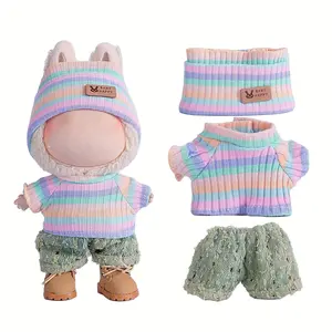 Rainbow Labubu Doll Clothes for Labubu with 3 Outfits - Stylish Fisherman Hat & Sweaters & Pants or skirt Set for 6.69inch Dolls, Adorable buLabu Accessories for Play & Display (Not Included shoes & Doll)