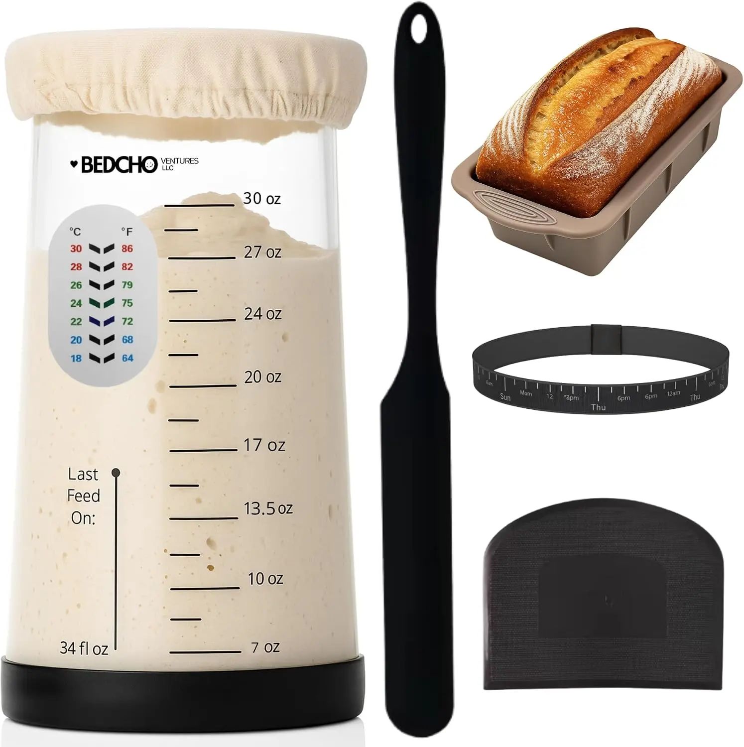 Sourdough Starter Kit - 8-Piece Bakeware Utensil Set for Bread Baking, Including Glass Jar, Silicone Bread Mold, Thermometer, Feeding Band, Cloth Cover, and Dough Scraper, Bakeware Sets
