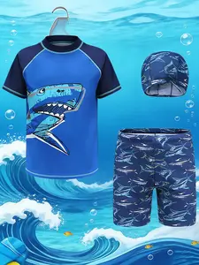 Boy Swimwear Set, Shark Cartoon Split Swimsuit, Short Sleeve Swim Trunks Cap Three Piece Set, Ideal for Daily Swimming Training, Beach Surfing, Swimsuits With Shorts, Swimsuit Sets, Summer Swimwear