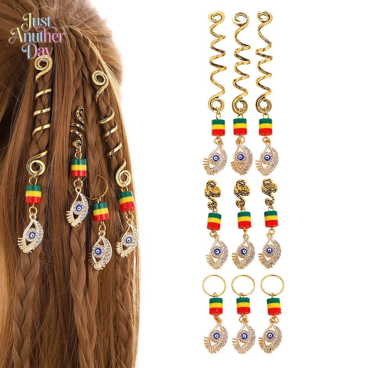 Evil Eye Hair Charms Set Rasta Color Beads & Gold Spirals for Braids Dreadlocks Perfect for Reggae Festivals Boho Vibes and Everyday Protection Stylish Hair Jewelry for Trendsetters