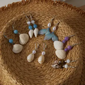 5 Pairs/Set of Bohemian Natural Stone Pearl Shell Earrings, Ocean Style Conch Shell Earrings, Suitable for Anniversary Gift