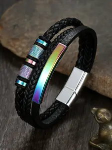Magnetic clasp black bracelet couple style woven leather on holographic rainbow decoration, futuristic streetwear, enhance your look.