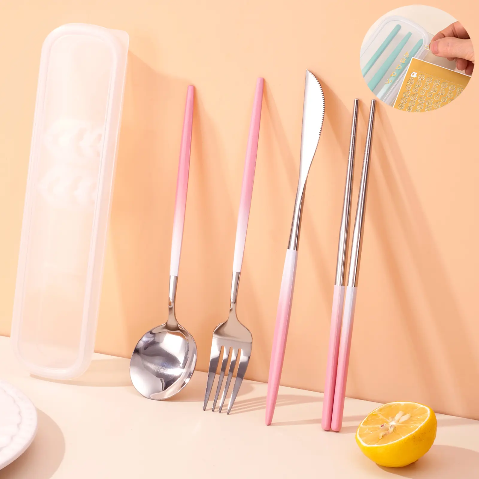 5-piece Portable Cutlery Set with DIY Waterproof Letter Stickers, Premium Stainless Steel Includes Knife, Spoon, Fork, Chopsticks, and Storage Box, Tableware Utensils Kit – Ideal for Travel, Office, School, Picnics, Family Gifts, Parties, and Weddings