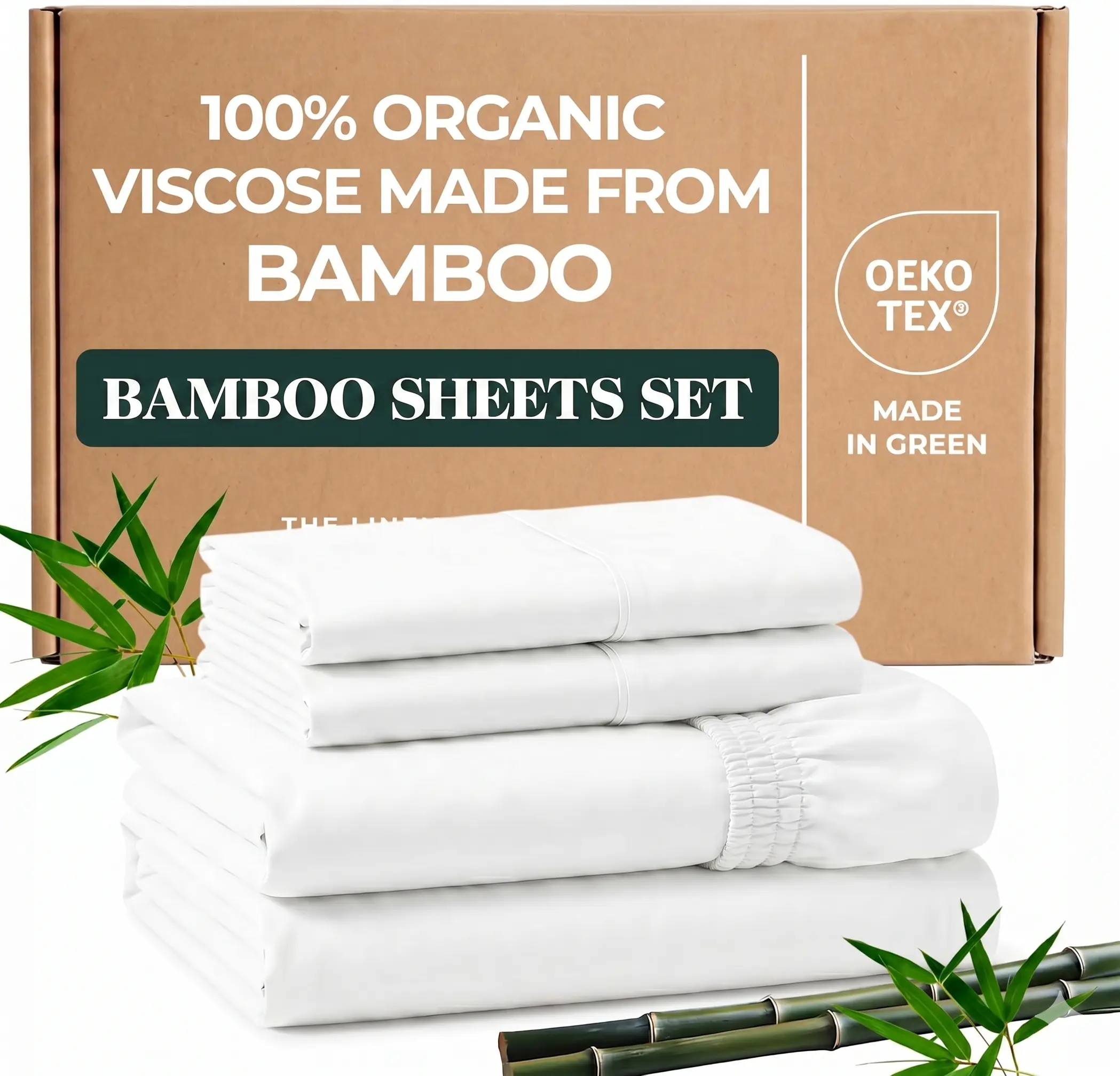 100% Organically Grown Bamboo Viscose Sheet Set - 16 Inches Deep Pocket with 4 Corner Straps & Double-Elastic, Silky Soft Breathable Bedding for Hot Sleepers