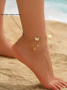 Women's Stainless Steel Beaded Three-Layer Butterfly Fringe Anklet, Fashion Jewelry Accessory, Elegant Footwear Decor