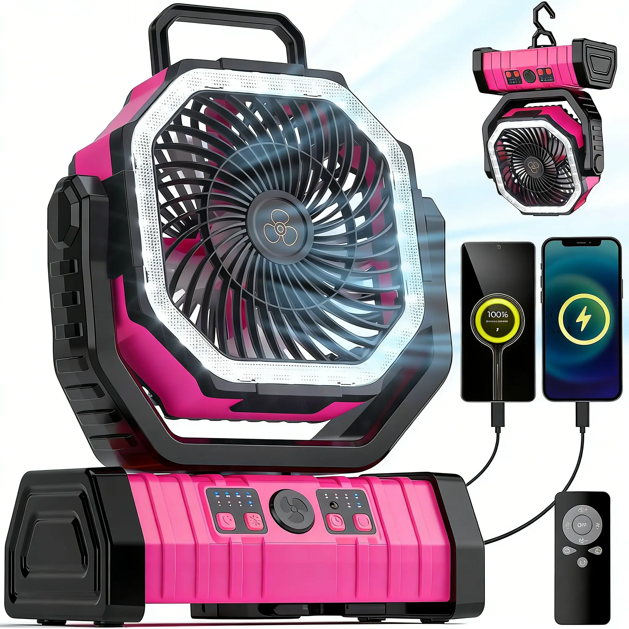 30000mAh Battery Operated Fan with LED Lantern, 2-in-1 Auto-Oscillating Portable Fan & Power Bank, High-Velocity Quiet Rechargeable Fan for Soccer Mom, Glamping, Gardening, Patio BBQ, Picnic, Hurricane Power Outage Emergency Gear, Mother's Day Gift