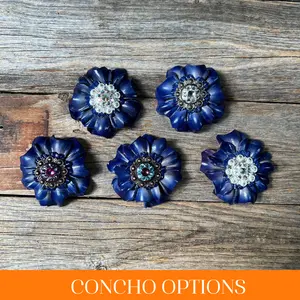 Blue Carnations Leather Flowers - 1" Crystal Conchos - Options