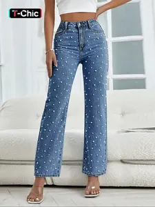 Women's Faux Pearl Decor Button Fly Denim Jeans Pants, Casual Comfy High Rise Slim High Waist Pocket Design Jeans for Daily Wear, Ladies Bottoms for All Seasons