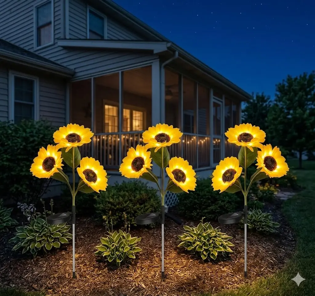 3-Head Solar Sunflower Decorative Lamp with Photovoltaic Panels, Waterproof Outdoor Safe Multifunctional Lamp, Dusk-Activated Intelligent Sensor, Garden Landscape Lighting, Romantic Couples Gifts, Solar Decorative Lamps