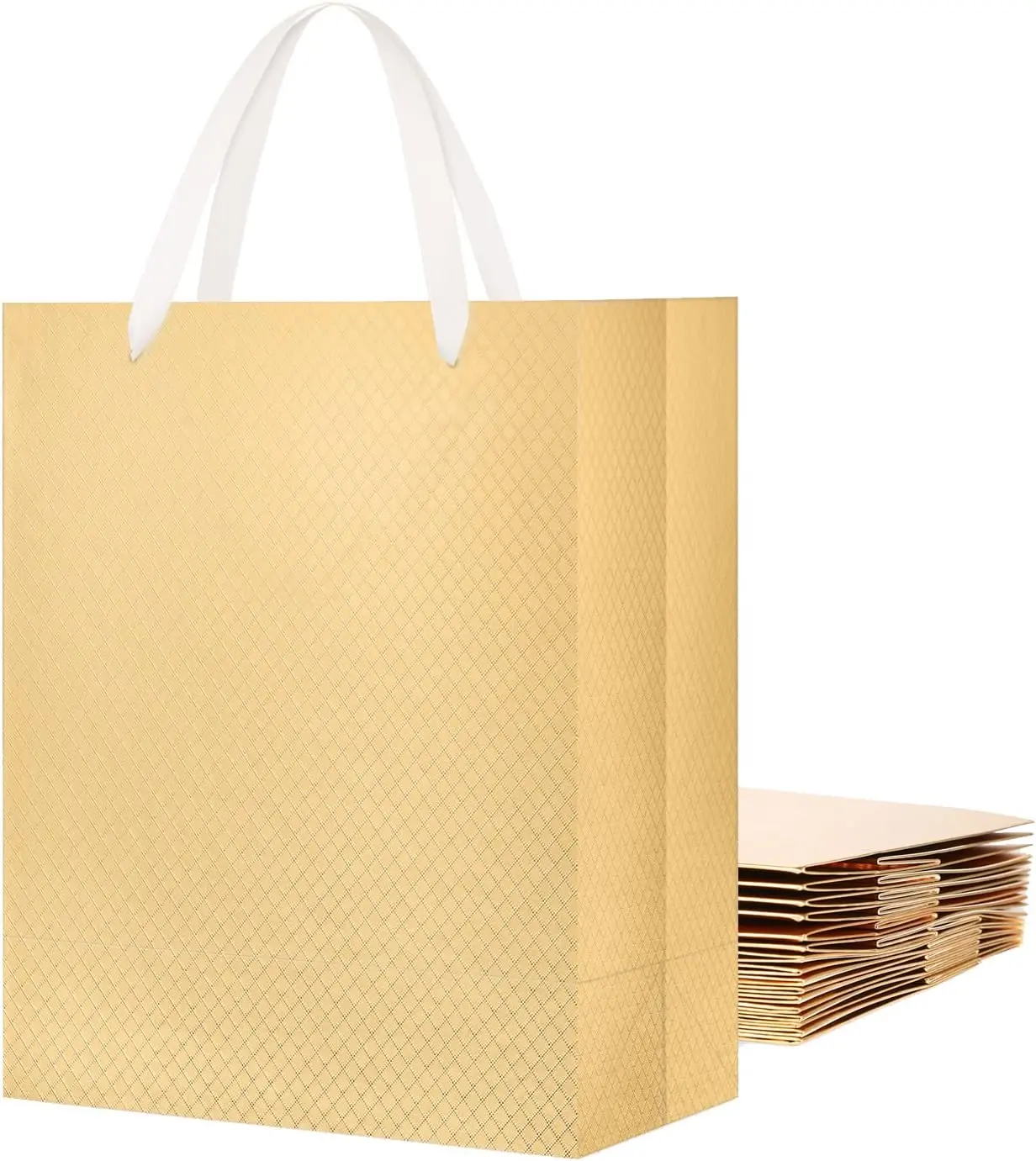 12 Large Gift Bags 10x5x13 Inches, Gold Premium Gift Bags with Handles for Gift Giving (Matte Gold with Lattice Texture)
