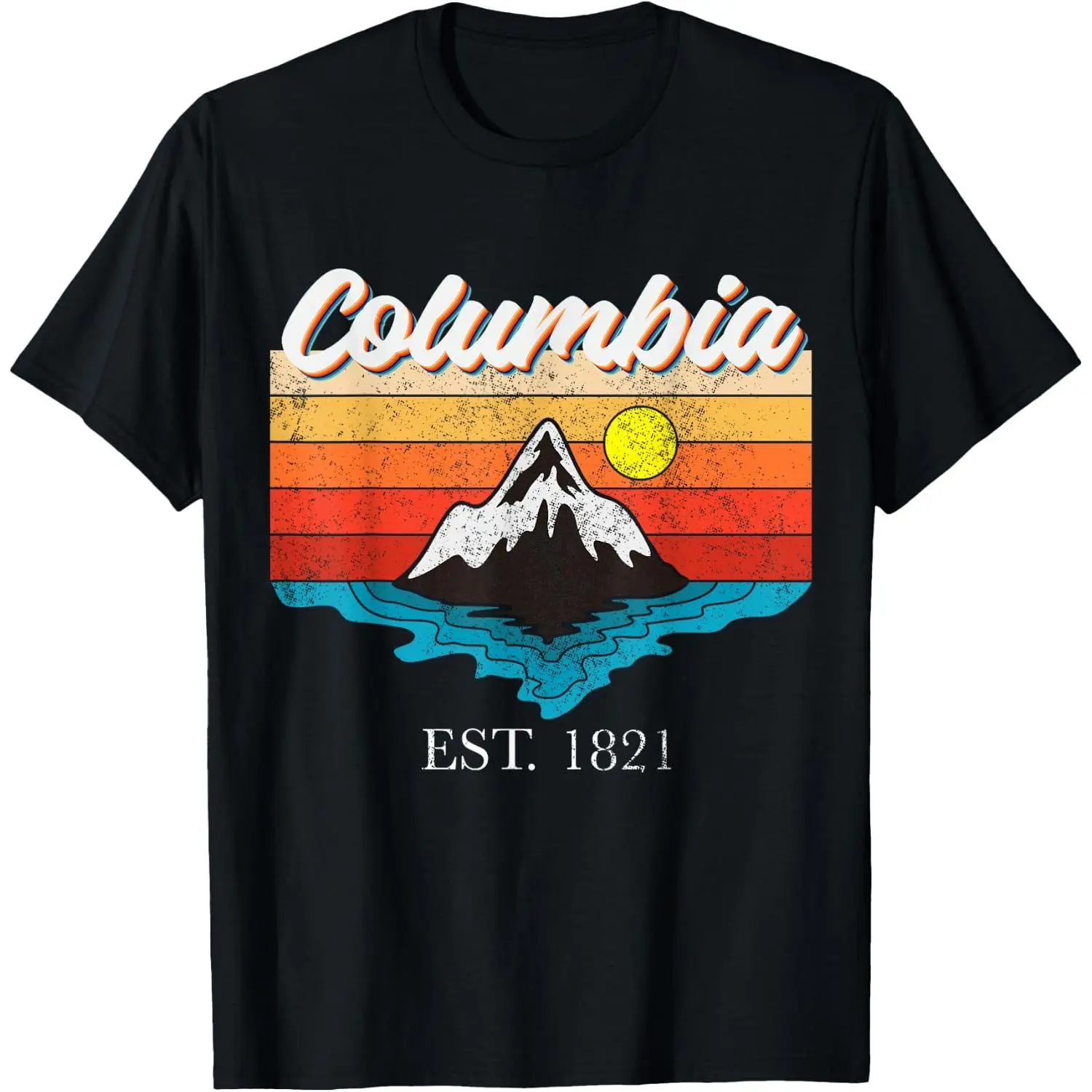 Women's 100% Cotton Short-Sleeve Distressed Columbia Home Town Vintage Sunset T-Shirt, Casual Whimsical Holiday USA Vacation Top, Shortsleeve, Crew Neck