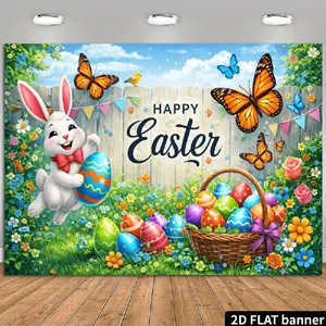 1PC Polyester Reusable 2D Flat Backdrop Cloth, Cartoon Easter Bunny-Egg-Butterfly Garden Party Decor, Children's Birthday Photography Decorative Banner, Festive Event Supply
